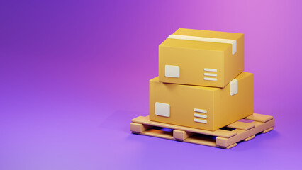 3d render cardboard box stack on wooden pallet isolated on purple background illustration. Warehouse and package delivery concept.