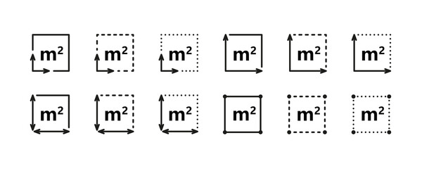 Square Meter icon. M2 sign. Flat area in square metres . Measuring land area icon. Place dimension pictogram. Vector outline illustration isolated on white background.