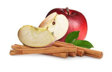 Fresh ripe apples and aromatic cinnamon sticks on white background