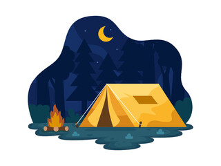 illustration of camping with tent in the forest at night. camping at night in summer. night camping 