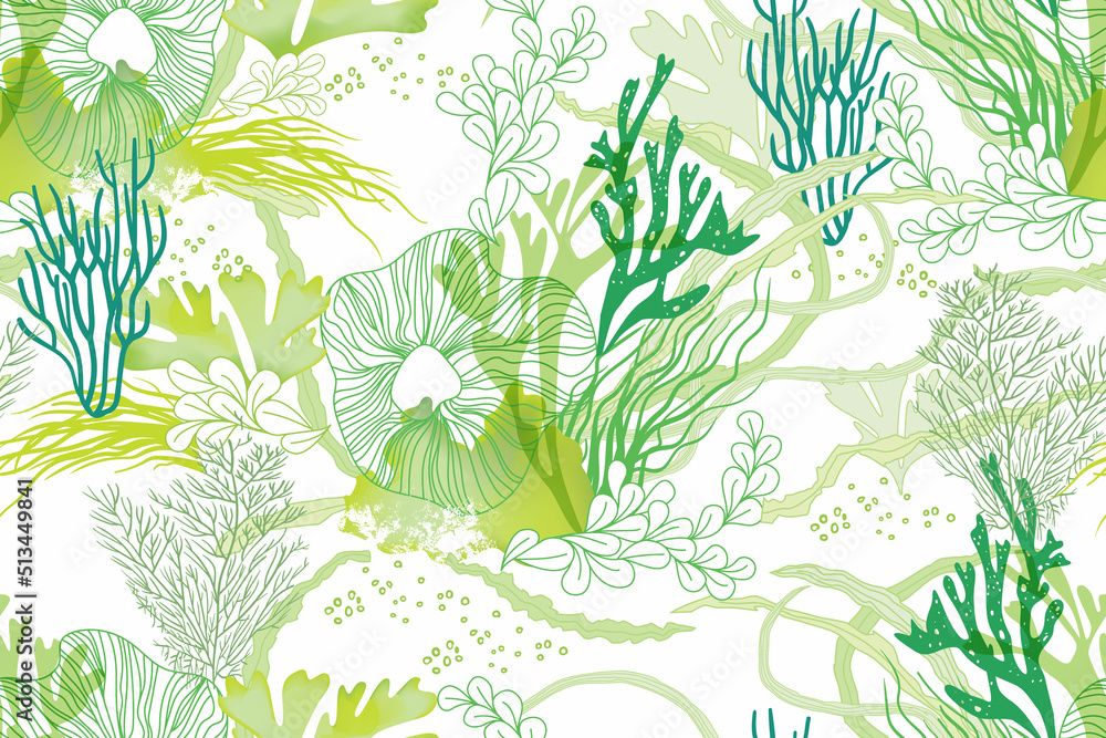 Hand drawn seamless vector pattern. Corals and algae on a white ...