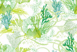 Fototapeta  - Hand drawn seamless vector pattern. Corals and algae on a white background for printing, fabric, textile, manufacturing, wallpapers. Sea bottom.