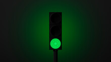 Glowing Green Traffic Light With Green Backlight On A Dark Wall. Symbol Of Movement Or Go. 3d Render