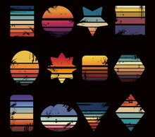 Summer Retro Striped Sunset Prints Collection. Surf Logo Basic Grunge Template, 80s 90s Vintage Style Shapes, Rounds Stars Square. Bright Neoteric Vector Set