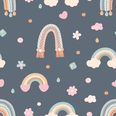 Wall Mural - Boho style scandinavian rainbow and clouds, beads, flowers and hearts. Baby nursery cartoon elements, childish vector seamless pattern