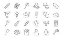 Sweets Doodle Illustration Including Icons - Candy, Marmalade Bears, Chocolate Biscuit, Pastry, Pudding, Ice Cream, Desert, Marshmallow, Cracker. Thin Line Art About Confectionery. Editable Stroke