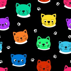 Canvas Print - Kitten heads seamless pattern. Cat faces fabric print, neon color characters and paws vector background. Childish decorative design