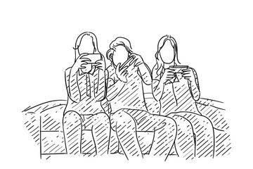 Hand drawn of three woman friends playing mobile game together in sofa. Concept of good time and hanging out for female. Vector illustration design