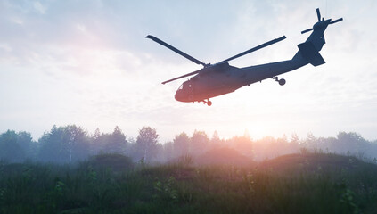 Military helicopter flying over battlefield at war