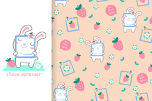 Seamless Pattern With Cute Forest Animals In Bright Colors. Cartoon Japanese Kawaii Style For Fabric, Background. Vector Illustration.