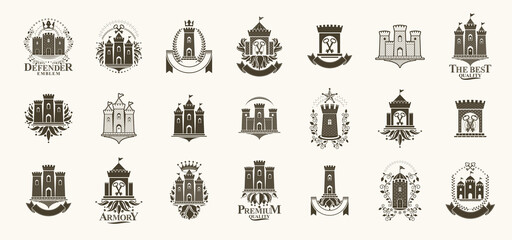 Wall Mural - Castles logos big vector set, vintage heraldic fortresses emblems collection, classic style heraldry design elements, ancient forts and citadels.