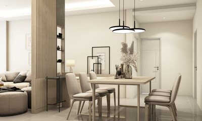 Wall Mural - The dining room is decorated in a minimalist style. White wood and marble dining table with a gray cloth dining chair and curtains on the windows and a TV on the wall decorated realistic 3d render