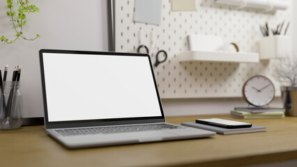 Canvas Print - modern high school or college student home workspace with portable laptop mockup on wood table