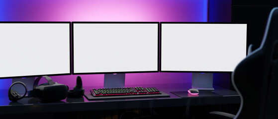 Canvas Print - modern gamer computer desk setup with rgb lights, 3 desktop computer mockup
