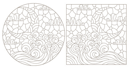 Set contour illustrations in stained glass style abstract landscape,  the moon in the sky and the sea, white background