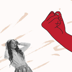 Conceptual collage with young scared girl in retro, 70s, 80s fashion style clothes and drawn red fist over light background. Concept of contemporary art, war, agression, emotions