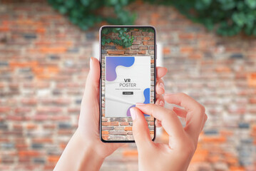 Wall Mural - using a mobile phone to watch street advertisements in virtual reality. augmented reality projection