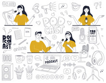 Set Of Doodle Outline Symbols Of A Podcast. Woman And Man, Hosting A Podcast, An Interview, Radio Show, Broadcast. Linear Decorative Elements Web Design. Black White Vector Illustration Isolated White