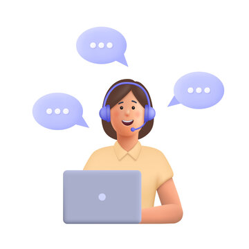 Wall Mural - Office operator with headset talking with clients. Customer service, call center, hotline, customer support department staff concept. 3d vector people character illustration. Cartoon minimal style.