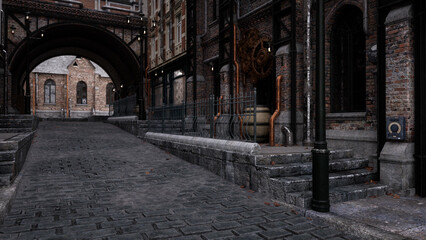 Steampunk concept dark old Victorian city street with cobblestone road lit by gas lamps. 3D illustration.