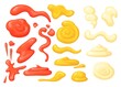 © ssstocker - Cartoon sauce stains. Mayonnaise stain sauce splash american ketchup drizzle dip mustard, spill mayo yellow red cream swirl splat dressing tomato drop, neat vector illustration