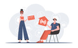 Fototapeta Psy - Internet of things concept. The girl and the guy are a team in the field of Internet of things. Good for websites and presentations. Vector illustration.