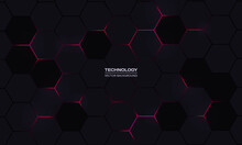 Dark Hexagon Gaming Abstract Technology Vector Background With Pink Colored Bright Flashes. Vector Illustration
