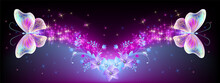 Magic Butterflies With Fantasy Sparkle And Blazing Trail And Stars On Night Sky Background