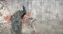Art Painted Peacock Sitting On A Branch Among Texture Background Photo Wallpaper