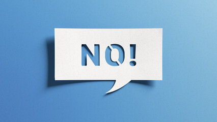 No sign showing negative answer or decision, disagreement, rejection, refusal or contradiction. Word no on cutout paper speech bubble on blue background.