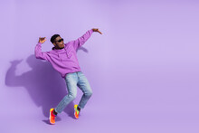 Full Length Profile Photo Of Overjoyed Carefree Person Stand Tip Toe Dancing Isolated On Purple Color Background