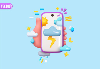 Weather in mobile phone. Online weather app. Hand holding modern smartphone. Creative concept idea. Realistic 3d design. Vector illustration