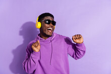 Portrait Of Overjoyed Positive Man Chilling Have Good Mood Favorite Playlist Isolated On Violet Color Background