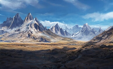 Wall Mural - Fantastic Epic Magical Landscape of Mountains. Summer nature. Mystic Valley, tundra. Gaming assets. Celtic Medieval RPG background. Rocks and grass. Beautiful sky with clouds. Green forest