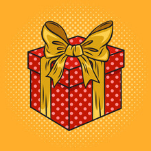 Gift Box With Ribbons And Bow For Christmas Or Birthday Pop Art Retro Raster Illustration. Comic Book Style Imitation.
