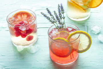 Poster - Summer cocktails or mocktails, cold drinks with citrus fruits and lavender, party lemonade with ice