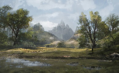 Wall Mural - Fantastic Epic Magical Landscape of Mountains. Summer nature. Mystic Valley, tundra. Gaming assets. Celtic Medieval RPG background. Rocks and grass. Beautiful sky with clouds. Green forest