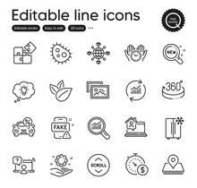 Set Of Technology Outline Icons. Contains Icons As Fake News, Logistics Network And 360 Degrees Elements. New Products, Employee Hand, Organic Product Web Signs. Pin, Data Analysis. Vector