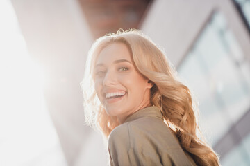 Sticker - Profile side view portrait of attractive cheerful wavy haired girl enjoying traveling summertime having fun in town outdoors