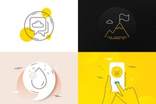 Minimal Set Of Vitamin E, Gluten Free And Weather Forecast Line Icons. Phone Screen, Quote Banners. Mountain Flag Icons. For Web Development. Oil Drop, Bio Ingredients, Cloudy. Vector