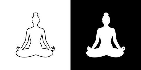 woman icon in yoga lotus position. symbol in two versions: black outline and white silhouette.vector