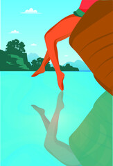 Wall Mural - Vector summer illustration. Girl on a boat in the ocean sea. Vacation tourism. Parts of the body legs. Against the backdrop of greenery and mountains