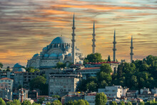 Suleymaniye Mosque During Sunset. Suleymaniye Mosque With A Beautiful Composition View From Golden Horn. The Biggest Mosque In The Istanbul. Selective Focus Included