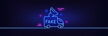 Neon Light Glow Effect. Fake News Line Icon. Propaganda Truck Sign. Wrong Truth Symbol. 3d Line Neon Glow Icon. Brick Wall Banner. Fake News Outline. Vector