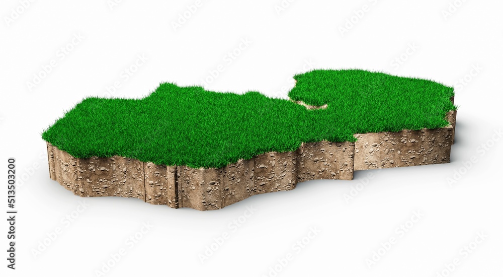 3d illustration of the Zambia Map soil land geology cross-section with green grass