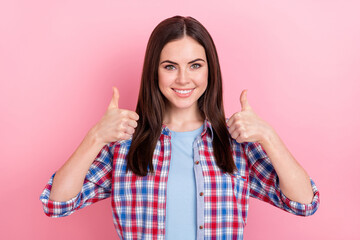 Poster - Photo of cute cheerful lady show thumbs-up promote shop sale bargains isolated on pastel pink color background