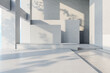 Sunlit art space hall with modern architecture design, light grey concrete walls and floor. 3D rendering