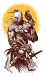 Graphic detailed ukrainian cossack warrior with hawk smoking pipe and holding sword. Vector with yellow sun on background.