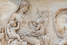 Beautiful Woman Holding Twin Babies Carved In Ancient Roman Marble Wall