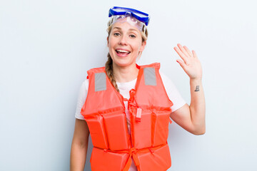 young adult blonde woman. life jacket and boat concept